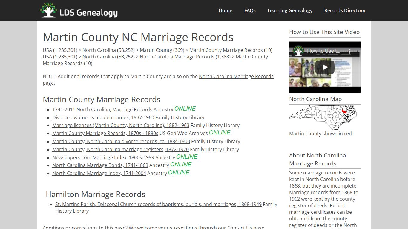 Martin County NC Marriage Records - LDS Genealogy